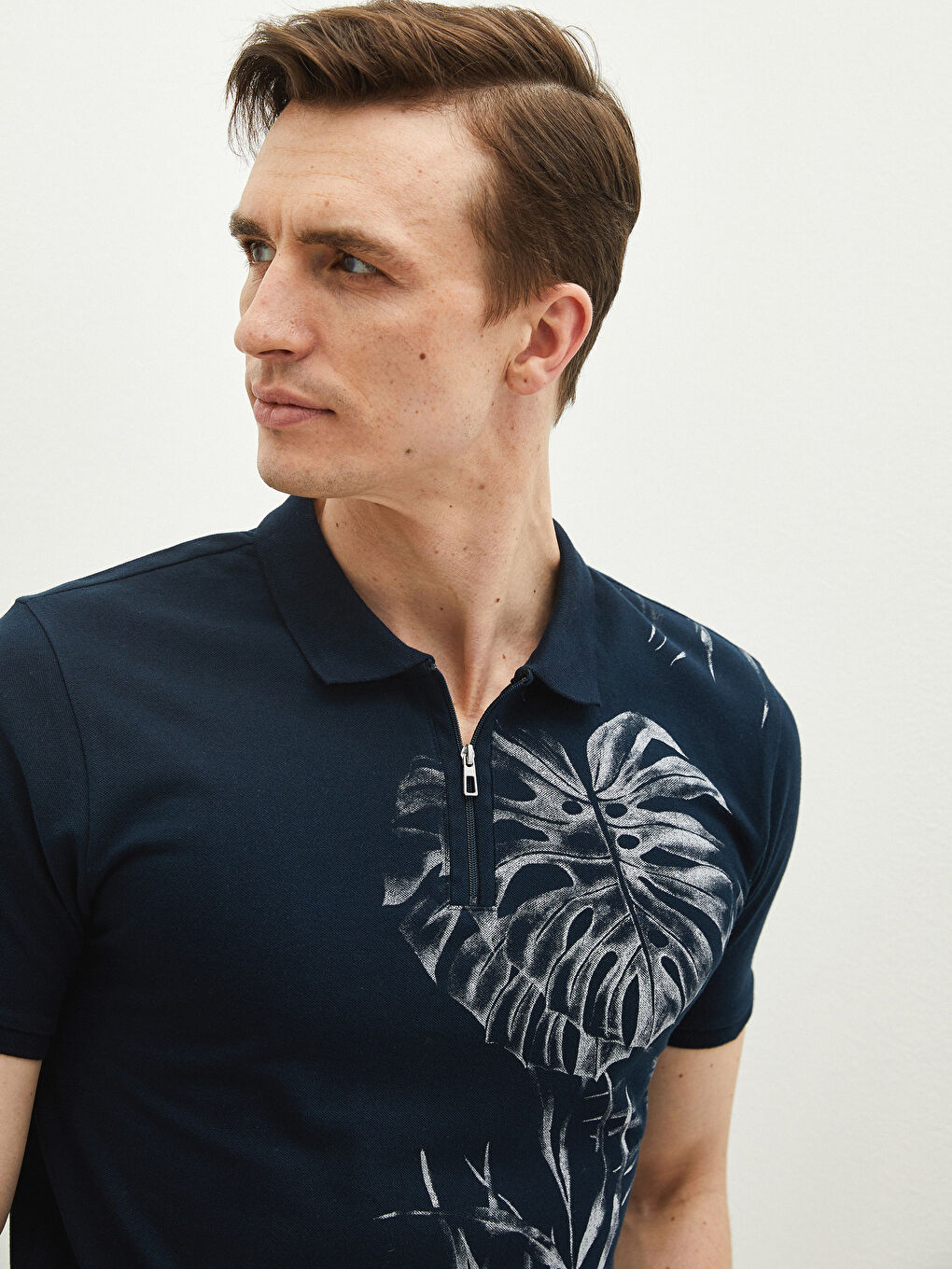 Lacivert Polo Yaka Kısa Kollu Baskılı Pike Erkek Tişört-2