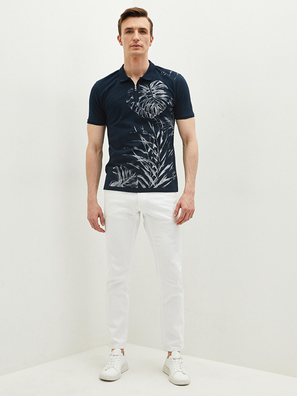 Lacivert Polo Yaka Kısa Kollu Baskılı Pike Erkek Tişört-3