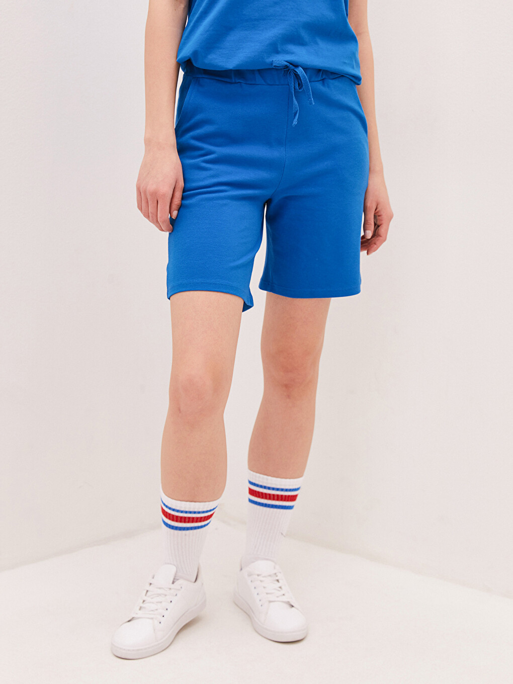 Elastic Waist Pocket Detailed Piqué Fabric Women's Shorts-7