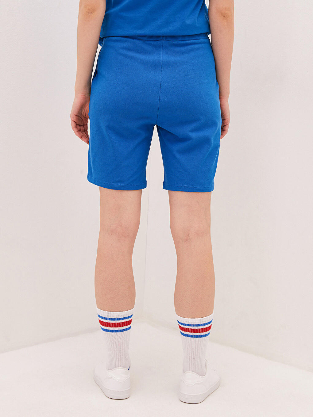 Elastic Waist Pocket Detailed Piqué Fabric Women's Shorts-8
