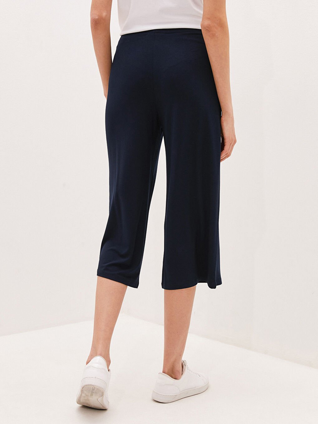 Lacivert Kadın Beli Lastikli Düz Kapri-2