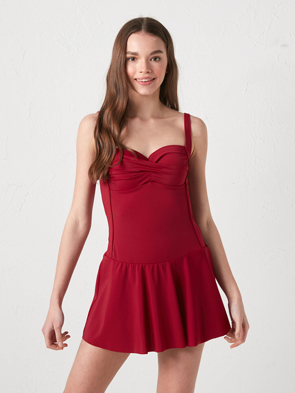 Bordo İnce Askılı Fırfır Detaylı Kadın Mayo