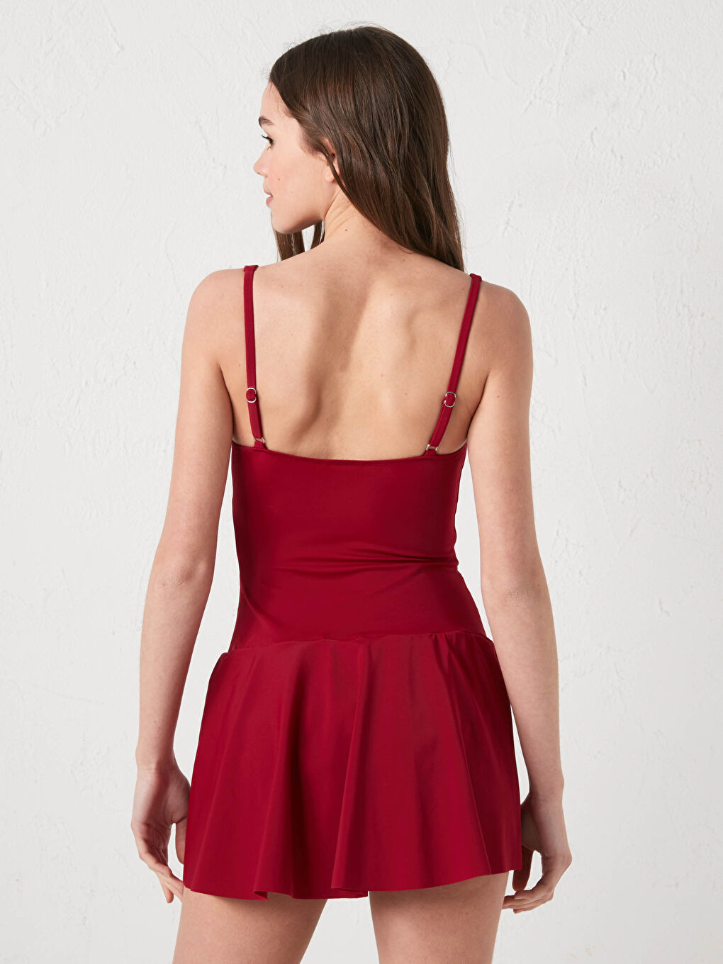 Bordo İnce Askılı Fırfır Detaylı Kadın Mayo-3