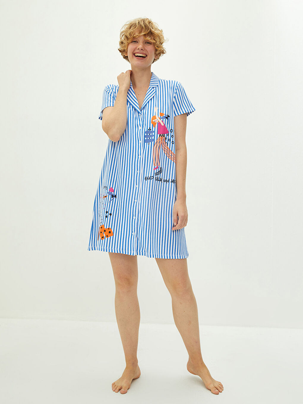 Beyaz Gömlek Yaka Baskılı Kısa Kollu Pamuklu Kadın Gecelik-3