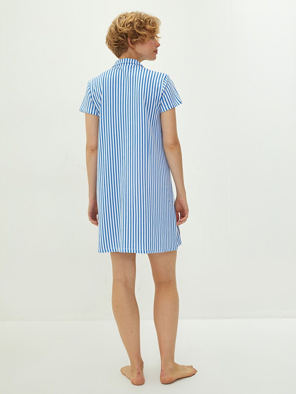 Beyaz Gömlek Yaka Baskılı Kısa Kollu Pamuklu Kadın Gecelik-4