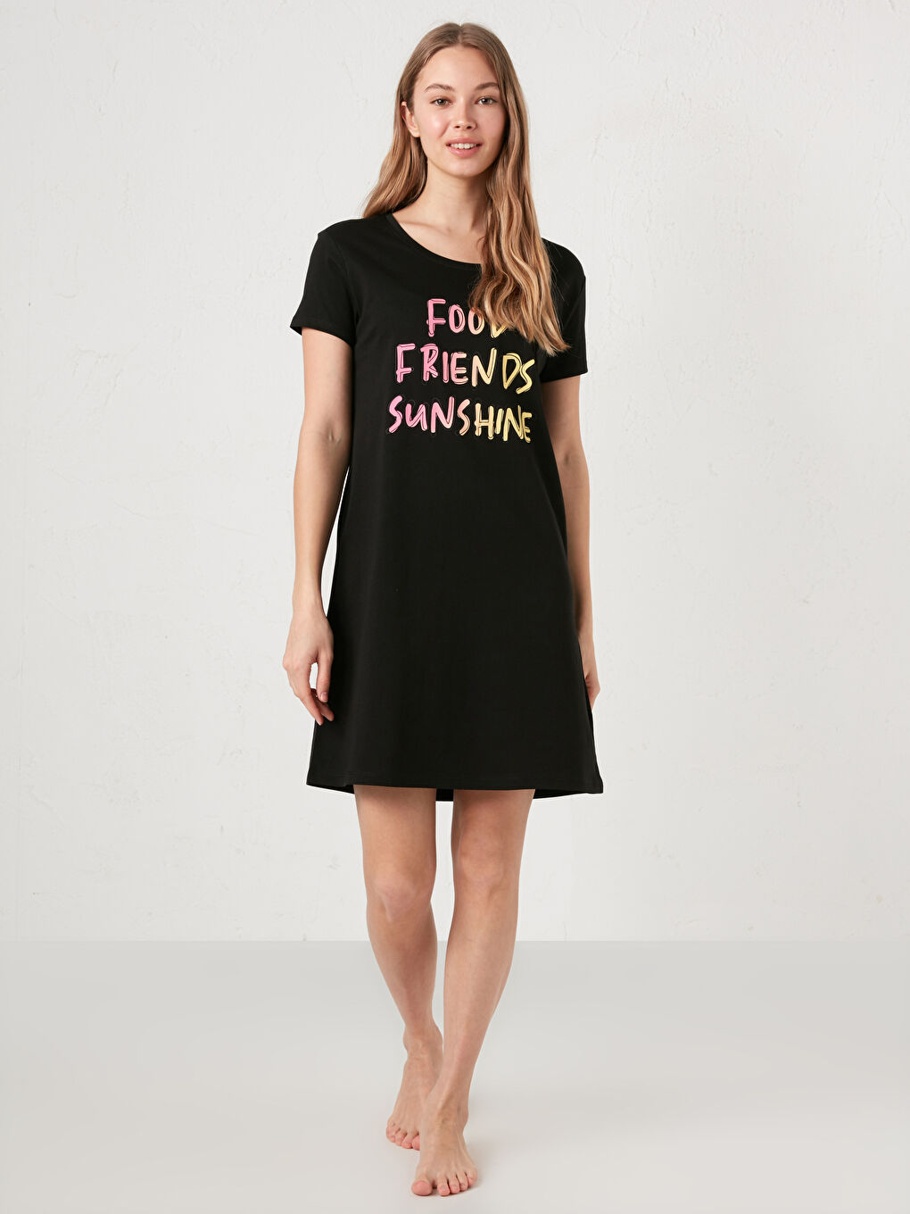 Круглий виріз горловини, з принтом, короткий рукав, бавовняна нічна сорочка для жінок-4