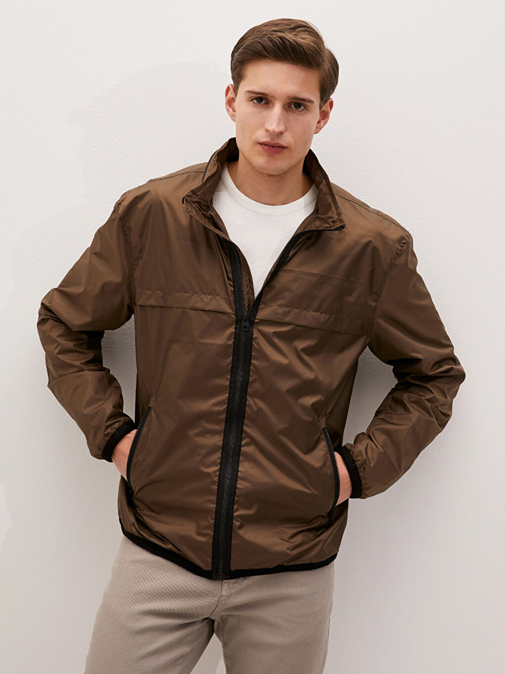 Haki Slim Fit Dik Yaka İnce Erkek Mont