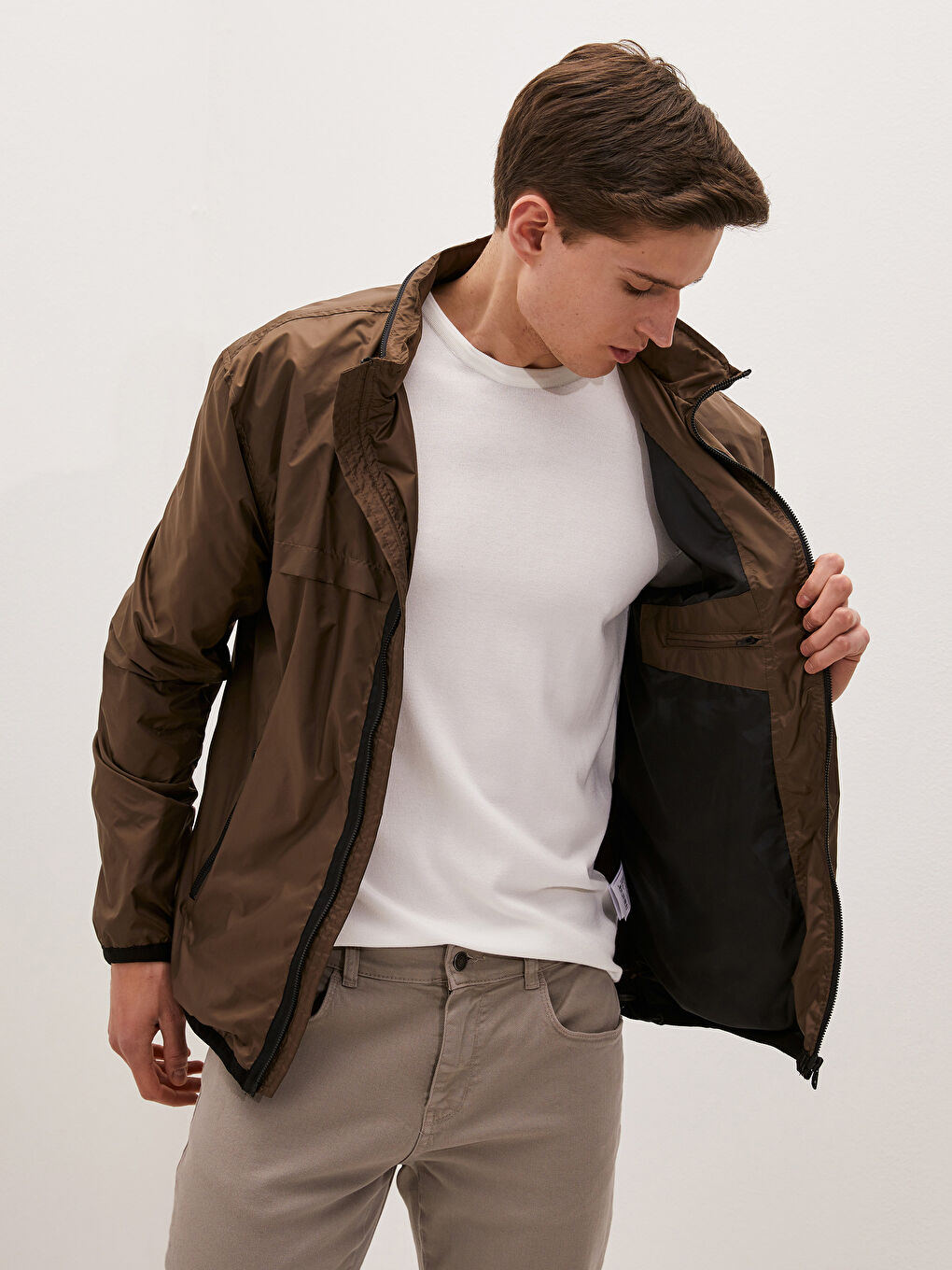 Haki Slim Fit Dik Yaka İnce Erkek Mont-1