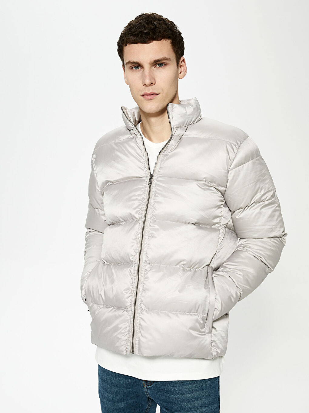 Bej Slim Fit Dik Yaka Erkek Şişme Mont