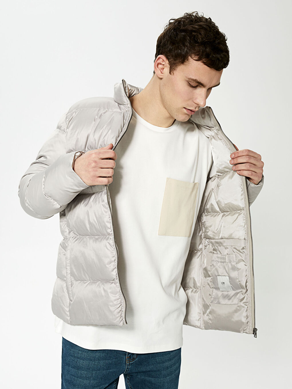 Bej Slim Fit Dik Yaka Erkek Şişme Mont-1