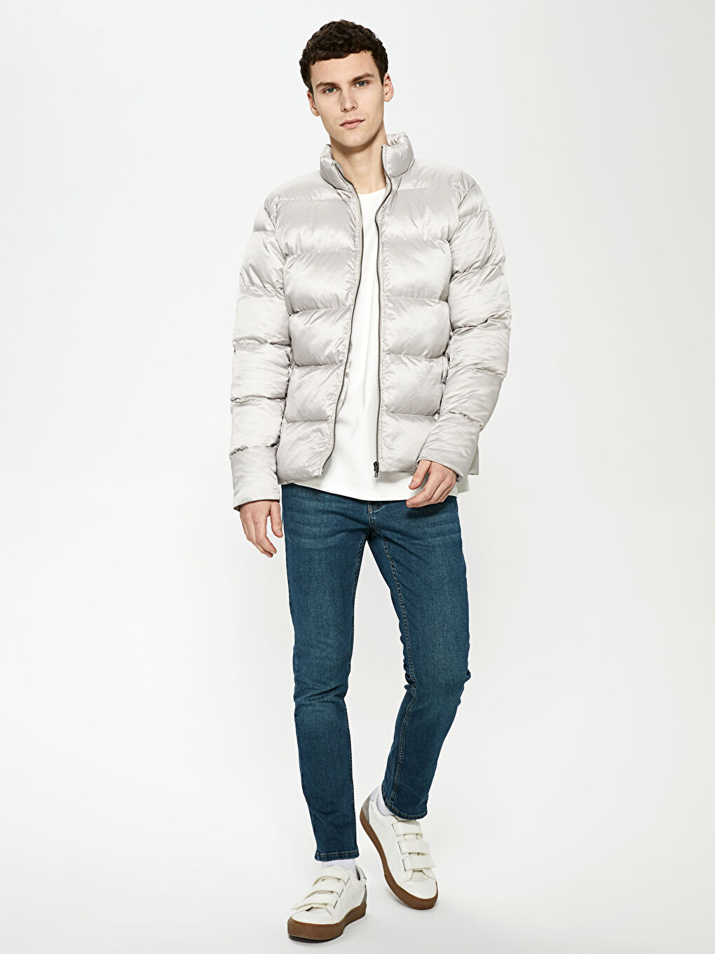 Bej Slim Fit Dik Yaka Erkek Şişme Mont-2