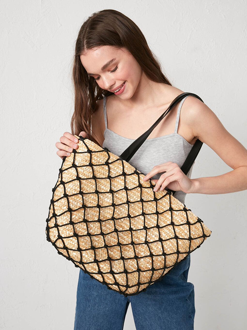 Mesh Detailed Women's Straw Bag -S1AK55Z8-CR8