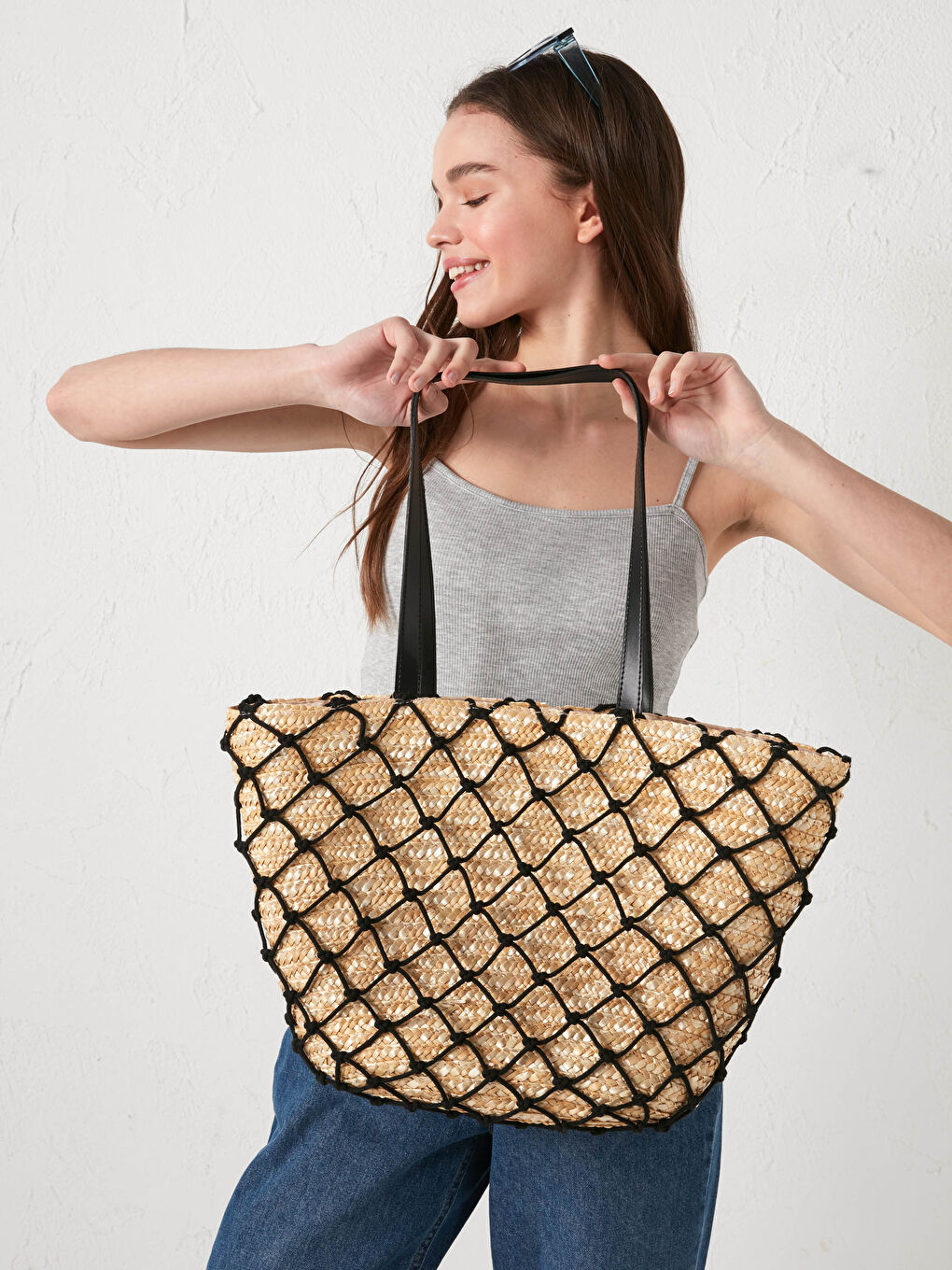 Mesh Detailed Women's Straw Bag -S1AK55Z8-CR8
