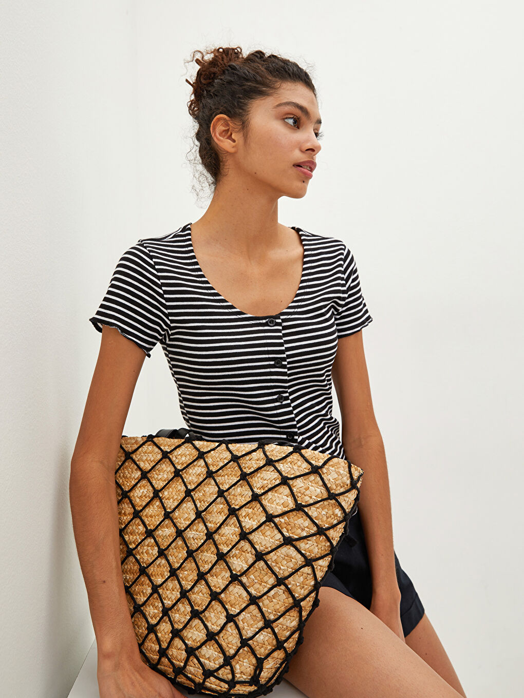 Mesh Detailed Women's Straw Bag -S1AK55Z8-CR8