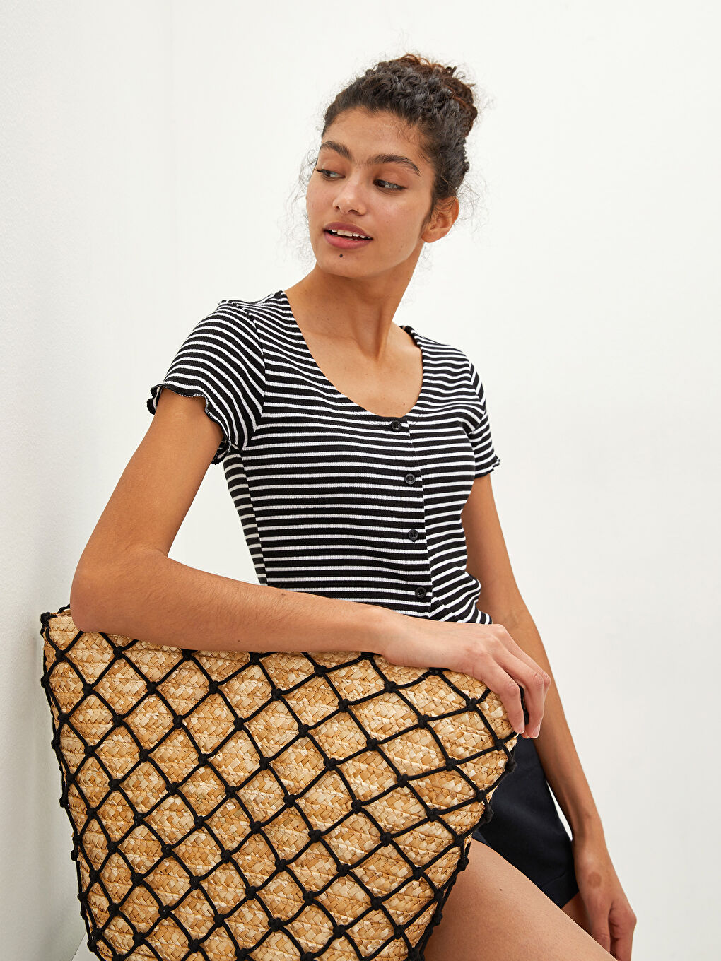 Mesh Detailed Women's Straw Bag -S1AK55Z8-CR8
