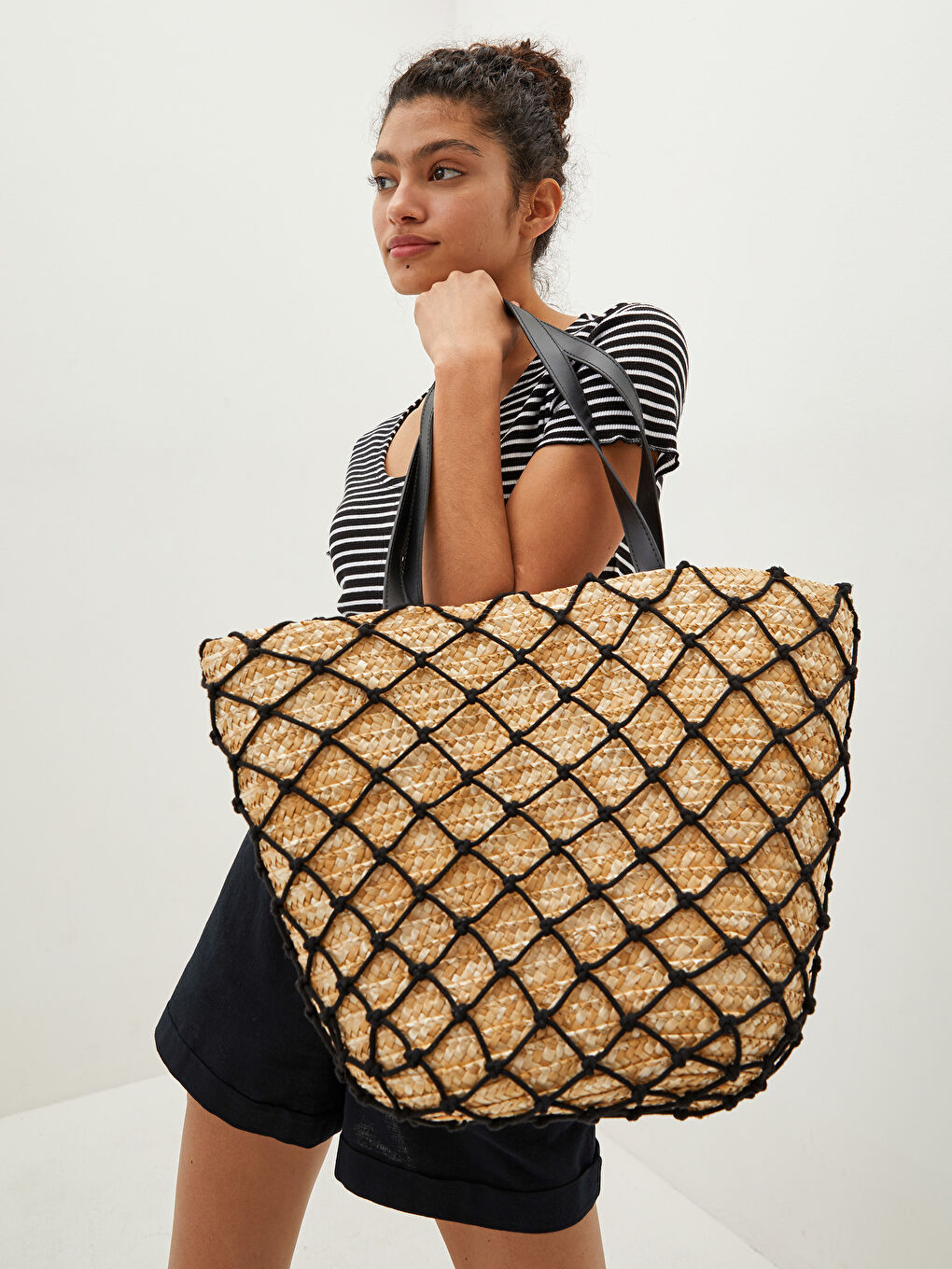 Mesh Detailed Women's Straw Bag -S1AK55Z8-CR8
