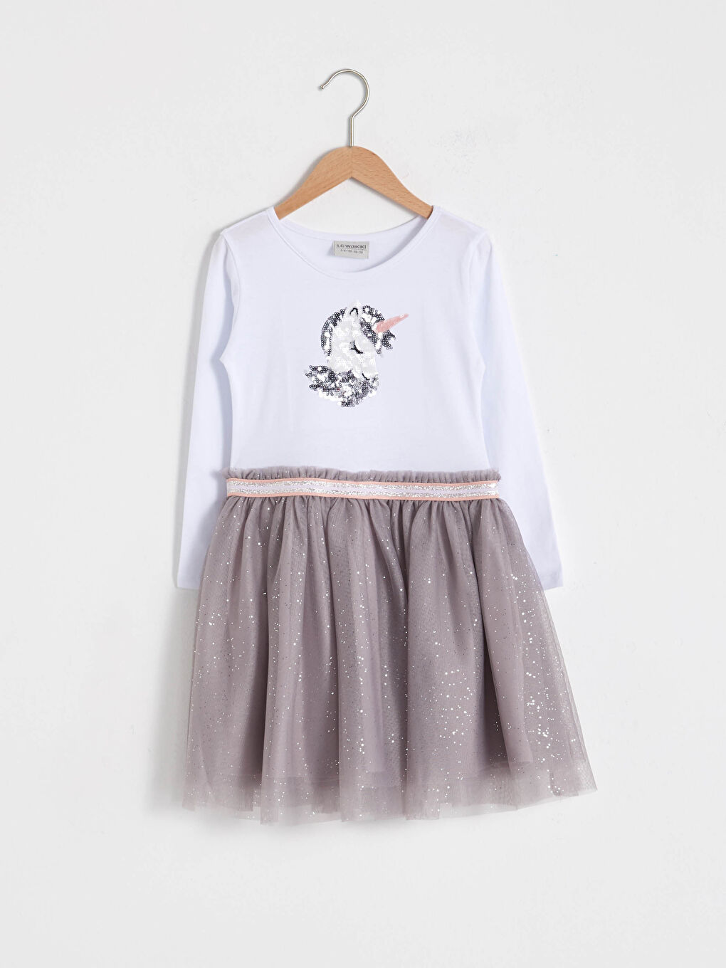 Beyaz Kız Çocuk Pul İşlemeli Tüllü Elbise