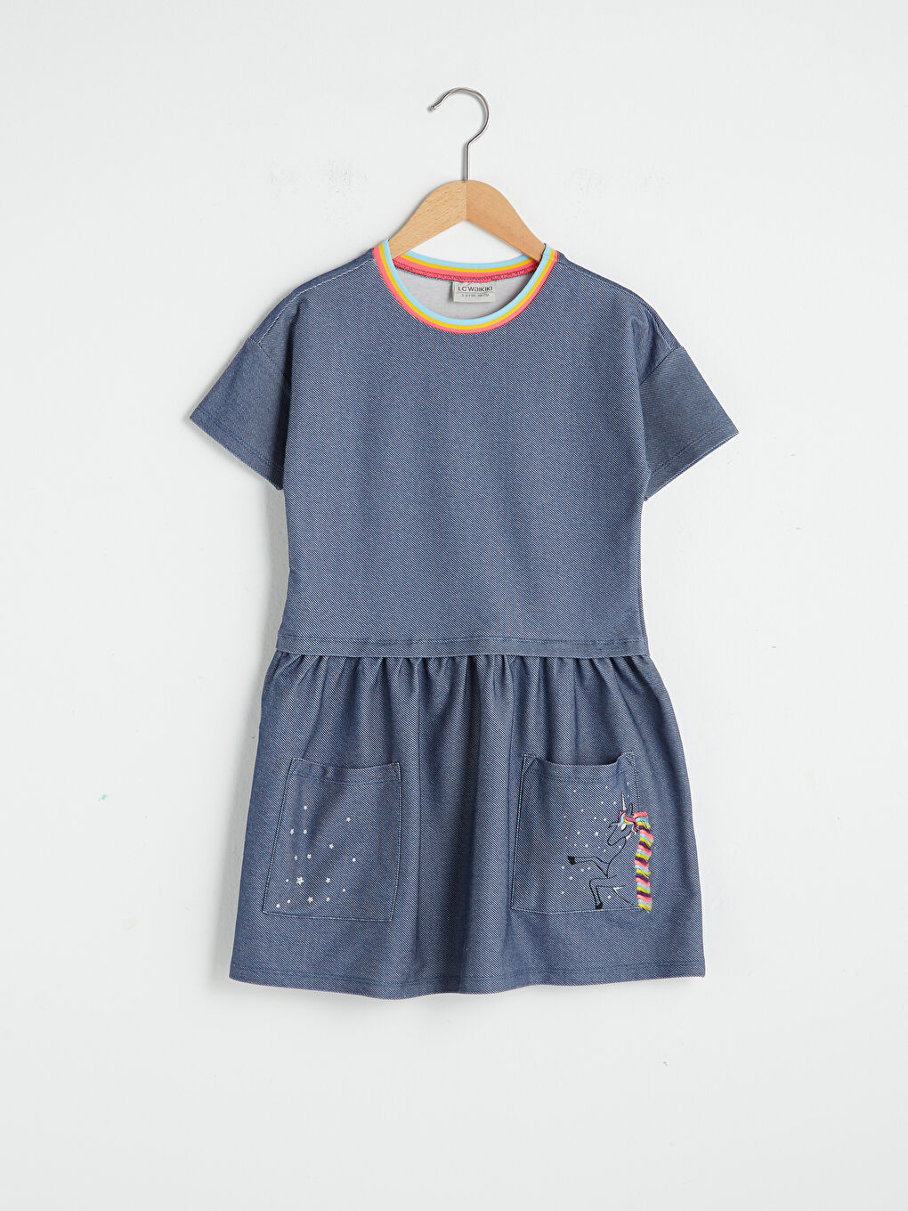 Mavi Bisiklet Yaka Baskılı Kısa Kollu Kız Çocuk Elbise