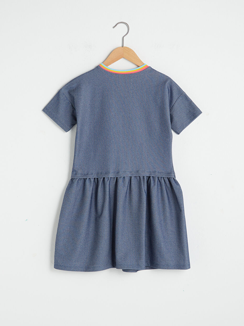 Mavi Bisiklet Yaka Baskılı Kısa Kollu Kız Çocuk Elbise-1