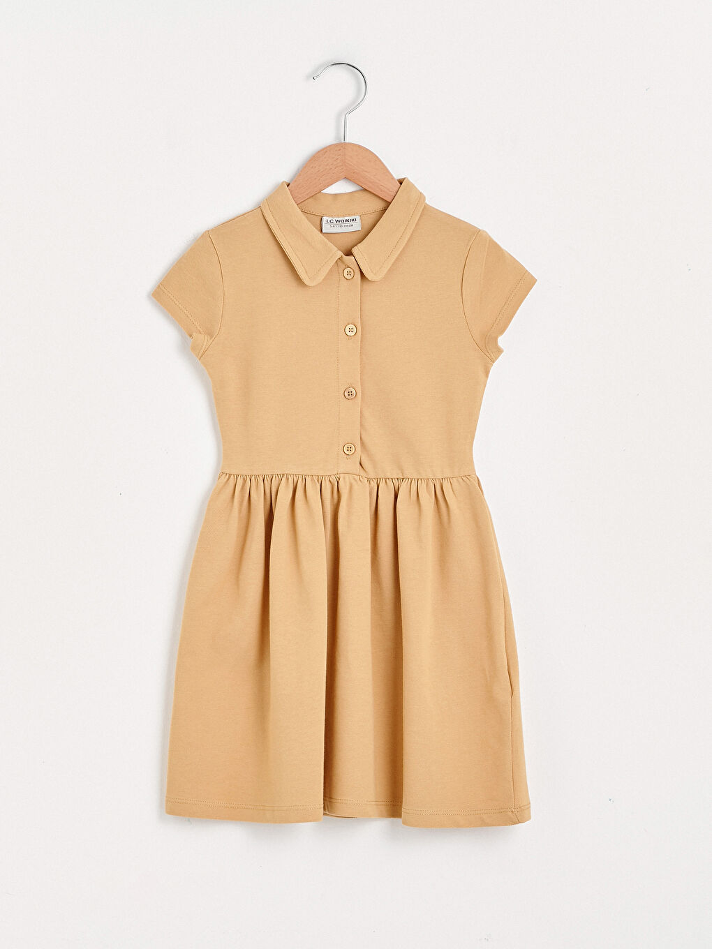 Bej Polo Yaka Basic Kısa Kollu Kız Çocuk Elbise