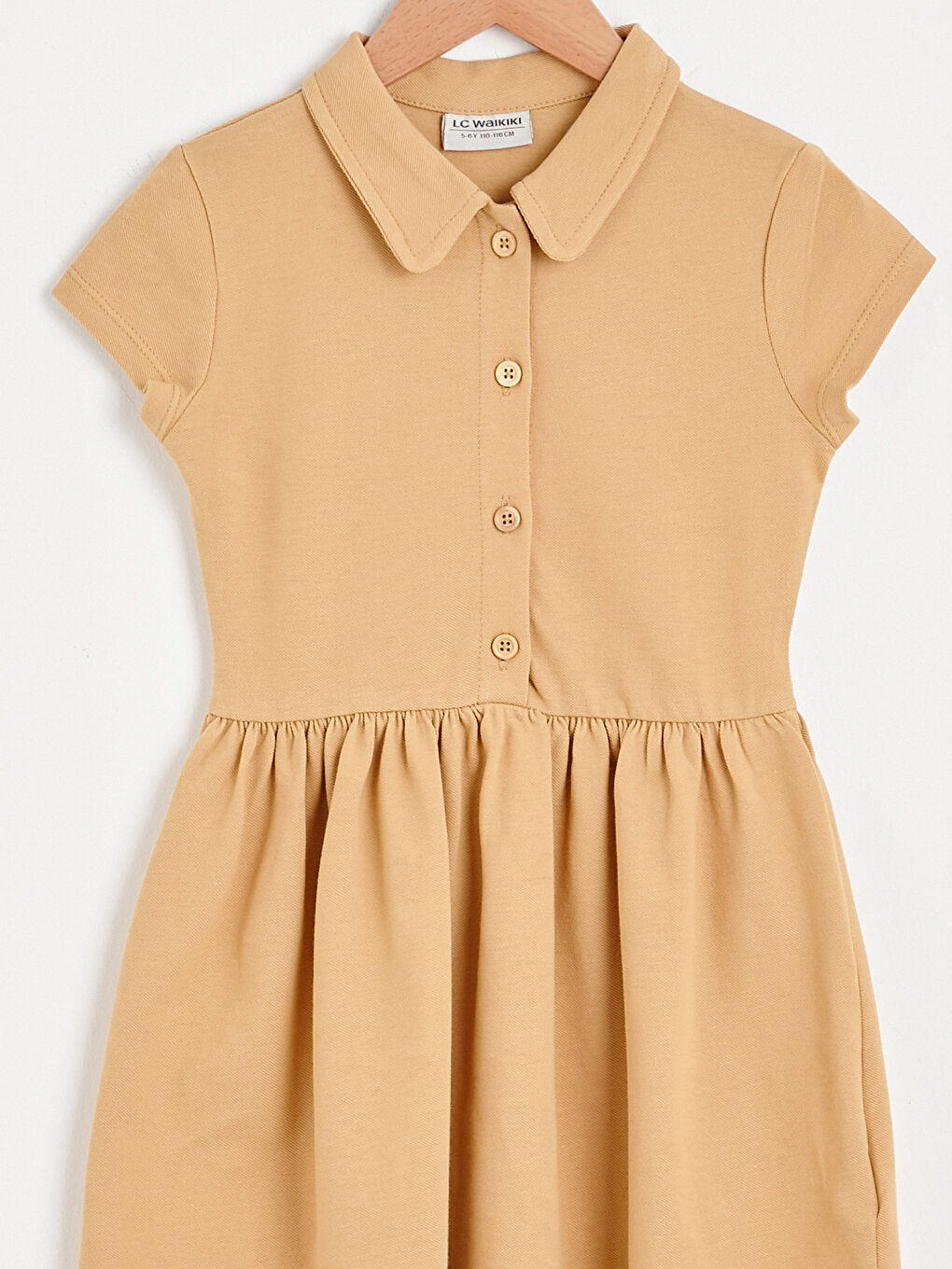 Bej Polo Yaka Basic Kısa Kollu Kız Çocuk Elbise-2