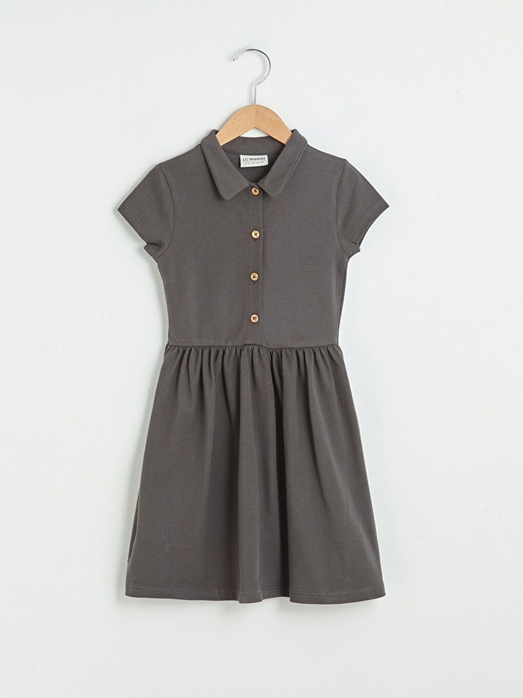 Gri Polo Yaka Basic Kısa Kollu Kız Çocuk Elbise