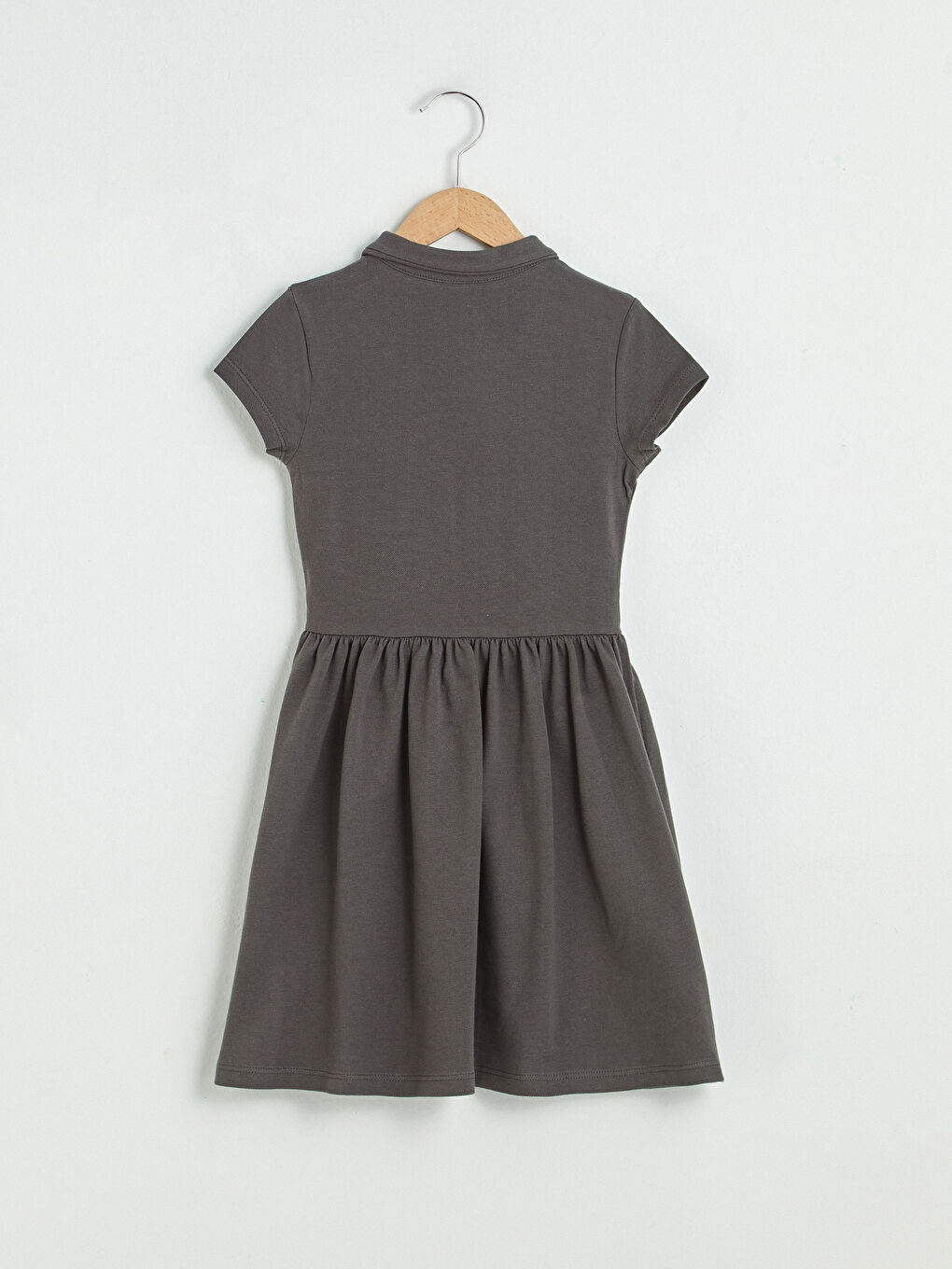 Gri Polo Yaka Basic Kısa Kollu Kız Çocuk Elbise-1