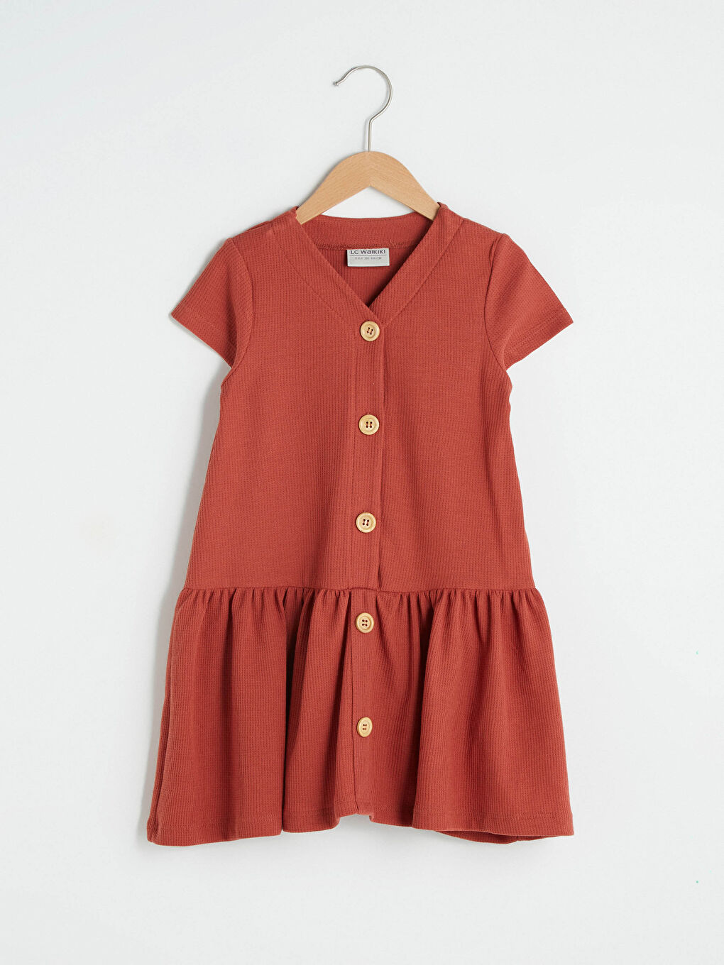 Turuncu V Yaka Basic Düğme Detaylı Kısa Kollu Kız Çocuk Elbise