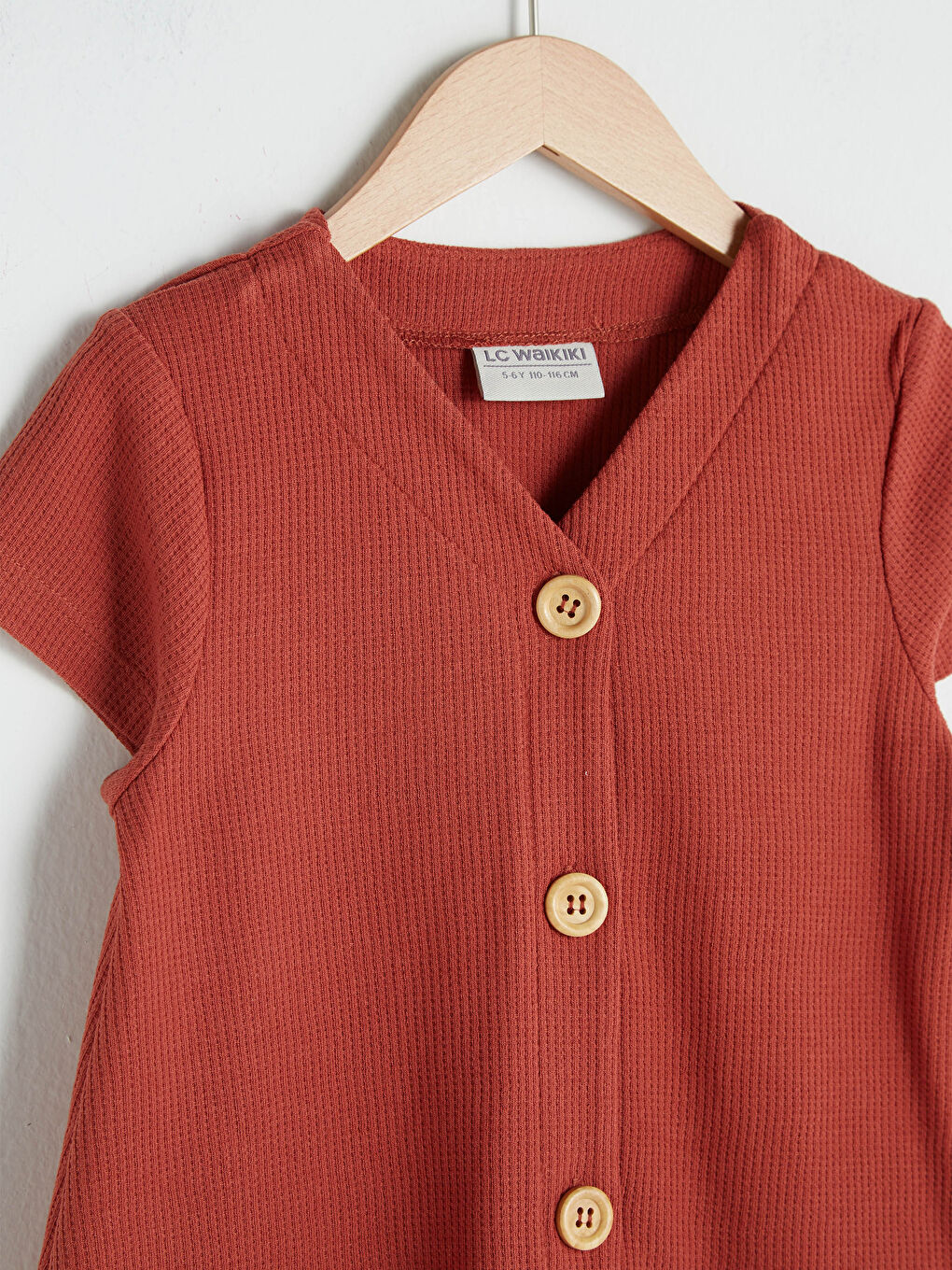 Turuncu V Yaka Basic Düğme Detaylı Kısa Kollu Kız Çocuk Elbise-1