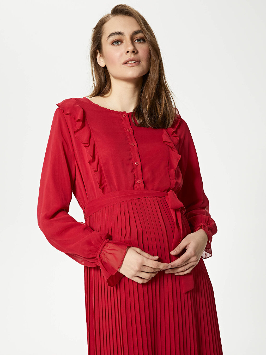 فستان حوامل شيفون بكم طويل بتفاصيل كشكشة وياقة دائرية-1