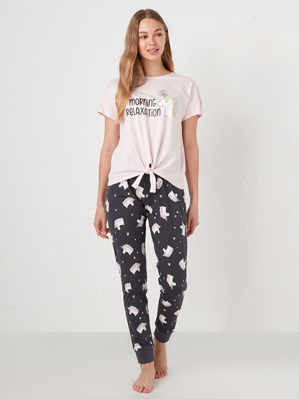 Pembe Bisiklet Yaka Baskılı Kısa Kollu Pamuklu Kadın Pijama Takımı