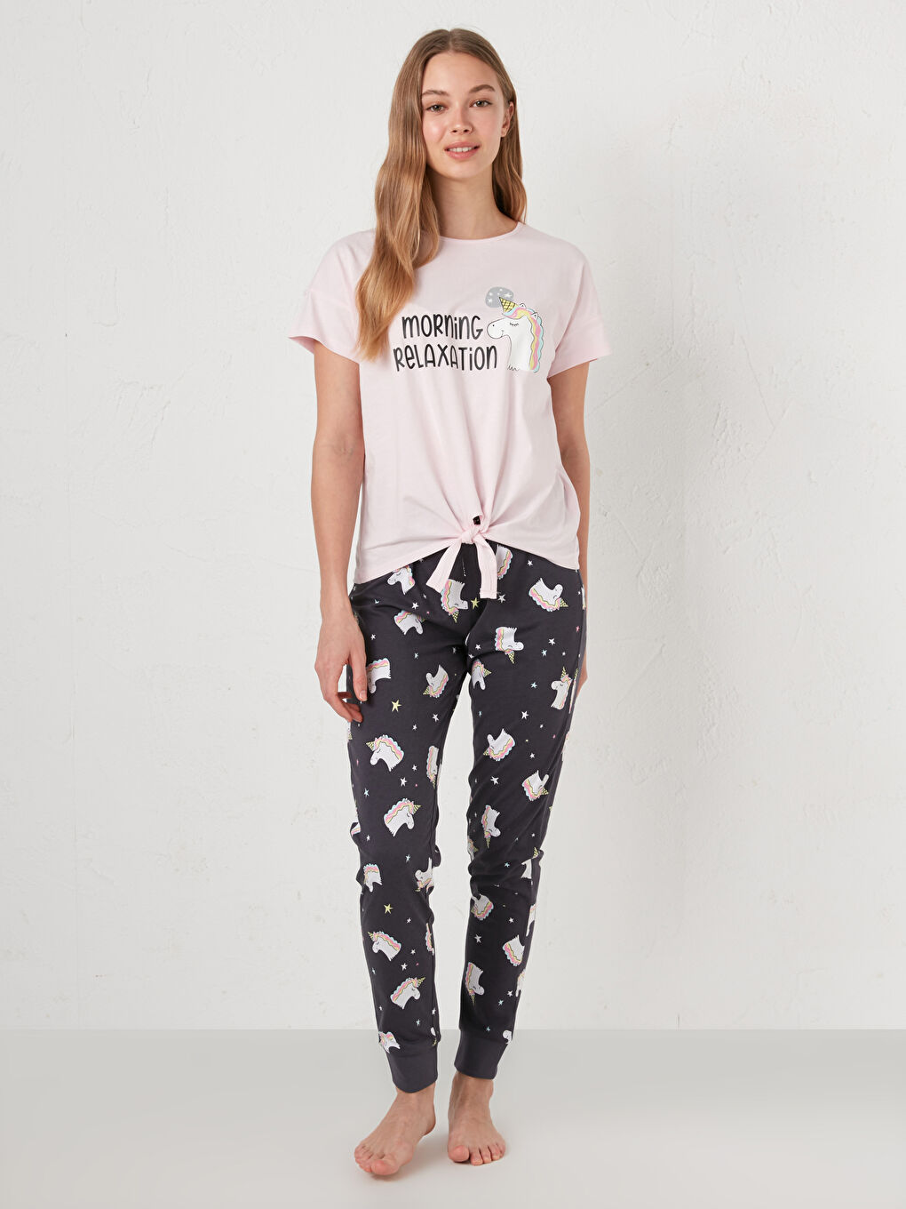 Pembe Bisiklet Yaka Baskılı Kısa Kollu Pamuklu Kadın Pijama Takımı-2