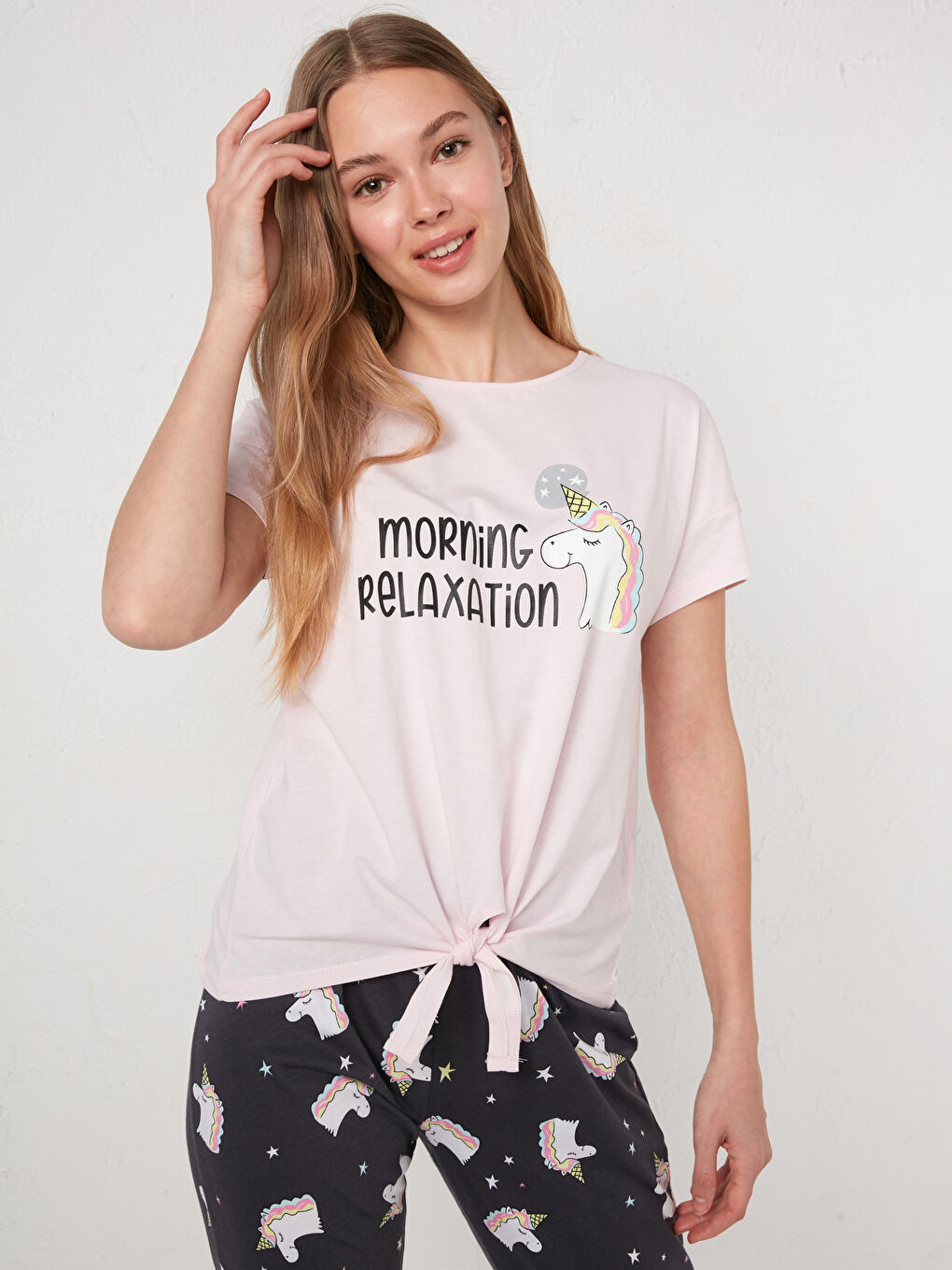 Pembe Bisiklet Yaka Baskılı Kısa Kollu Pamuklu Kadın Pijama Takımı-3