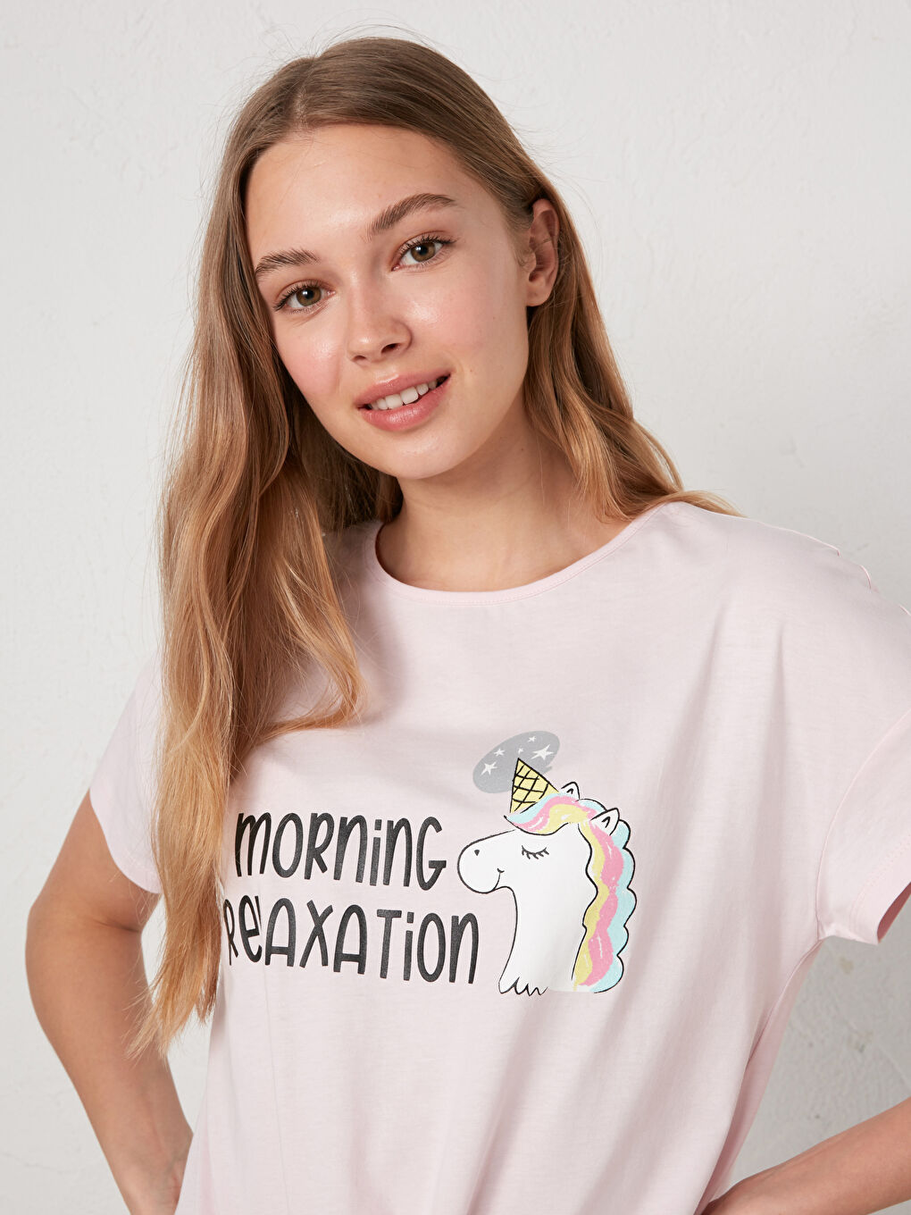 Pembe Bisiklet Yaka Baskılı Kısa Kollu Pamuklu Kadın Pijama Takımı-4