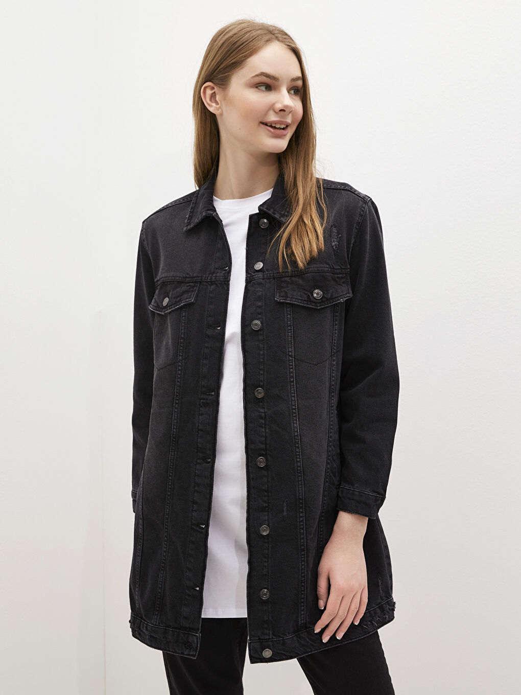 LCW Modest Long Jean Jacket with Pocket -S1AL91Z8-326