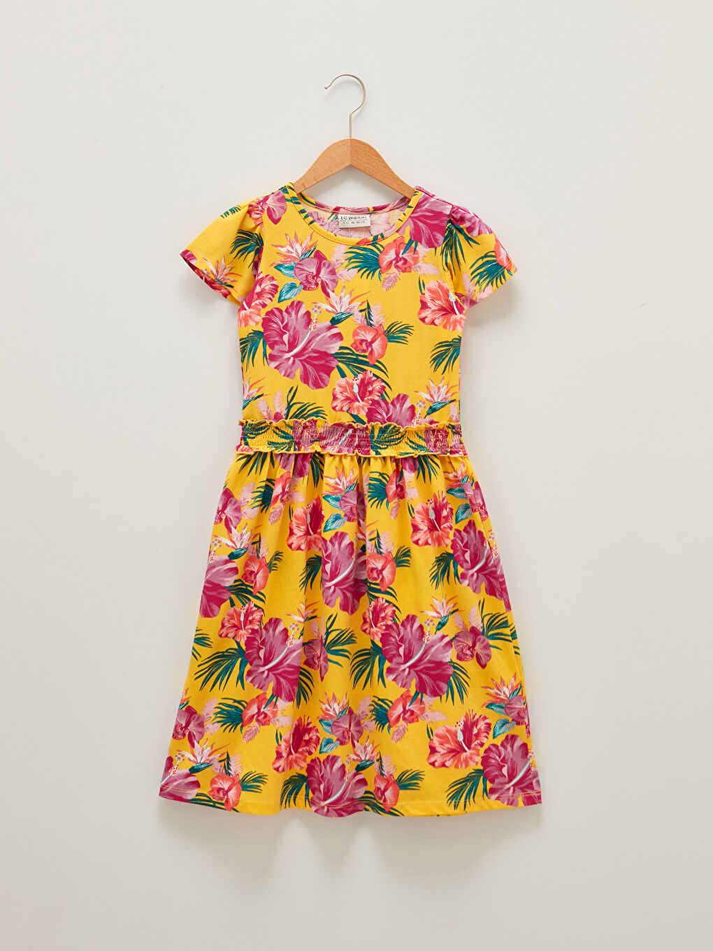 Crew Neck Patterned Short Sleeve Cotton Girl's Dress