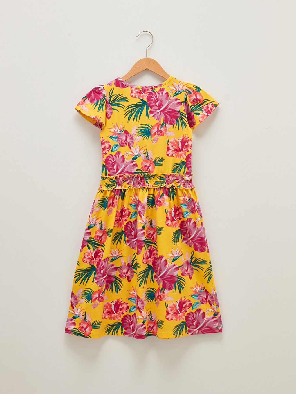 Crew Neck Patterned Short Sleeve Cotton Girl's Dress-1