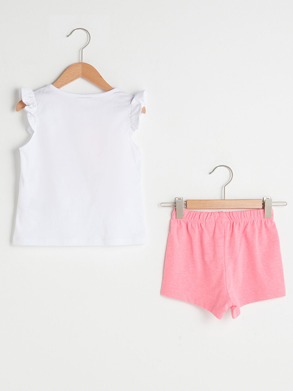 Beyaz Bisiklet Yaka Kısa Kollu Baskılı Kız Bebek Tişört ve Şort 2'li Takım-1