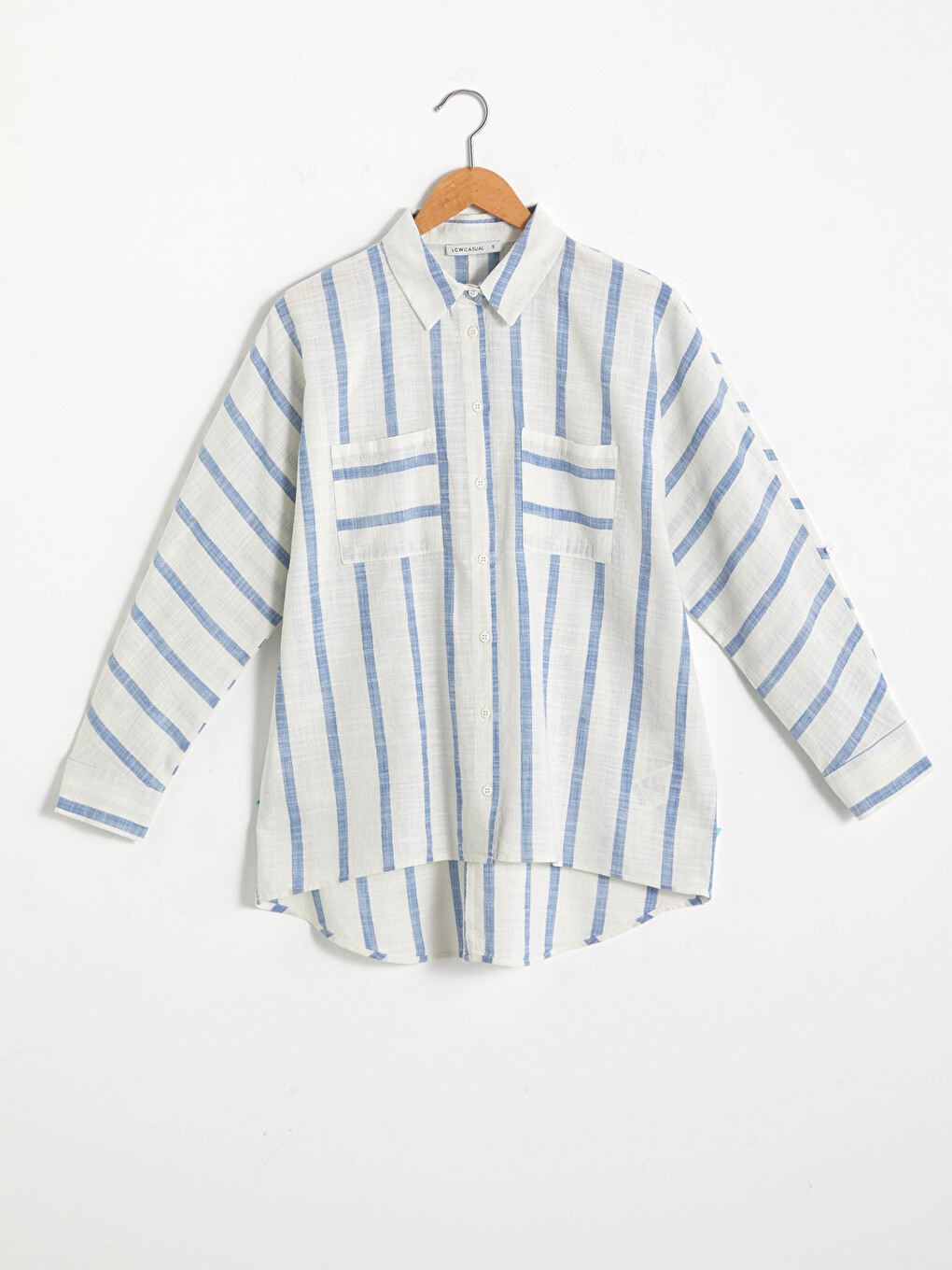 Pocket Detailed Striped Long Sleeve Twill Fabric Women's Shirt-5