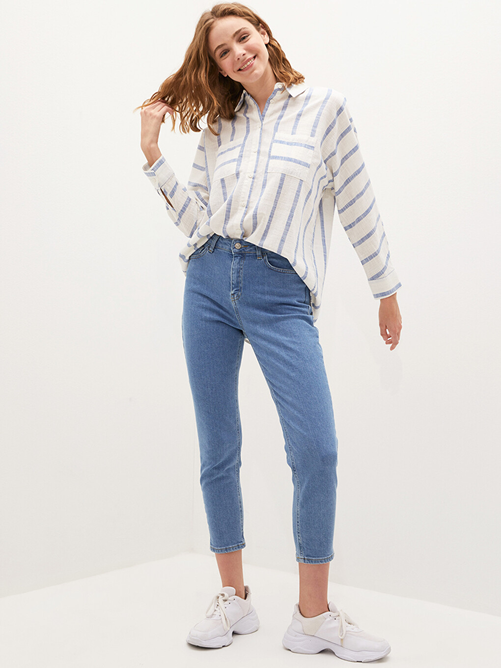 Pocket Detailed Striped Long Sleeve Twill Fabric Women's Shirt-2