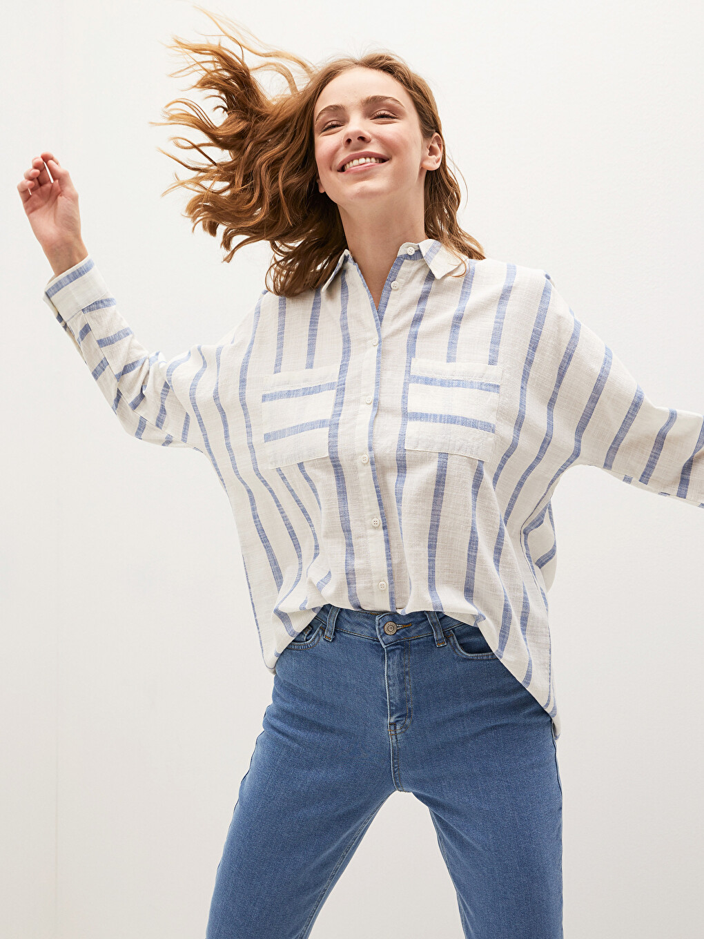Pocket Detailed Striped Long Sleeve Twill Fabric Women's Shirt-4