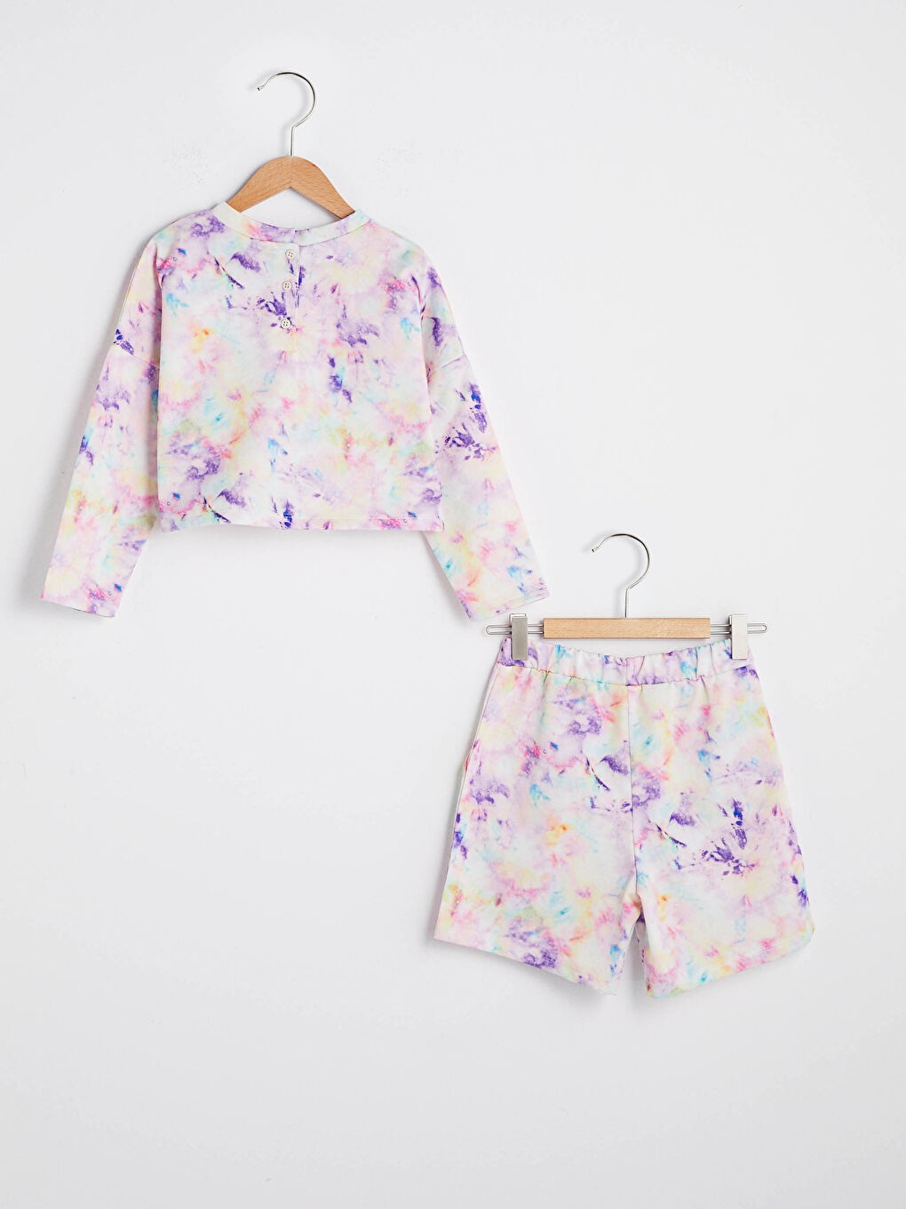 Pembe Bisiklet Yaka Batik Desenli Uzun Kollu Kız Çocuk Sweatshirt ve Şort-1