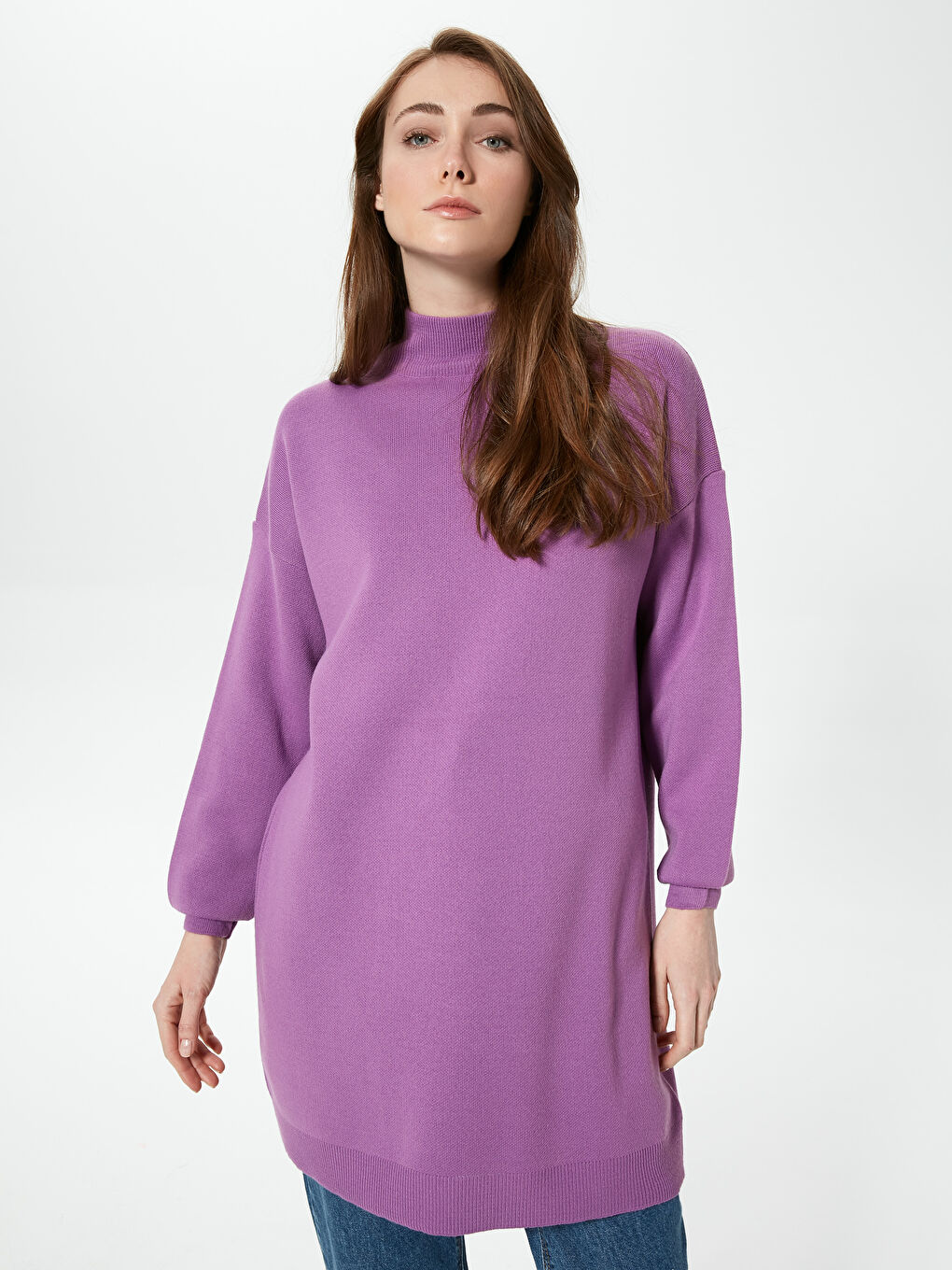 Tunică Supradimensionată Tricotată cu Guler Semi-Înalt-1