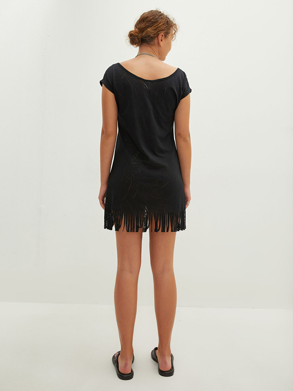 Siyah Kayık Yaka Kadın Plaj Elbisesi-5