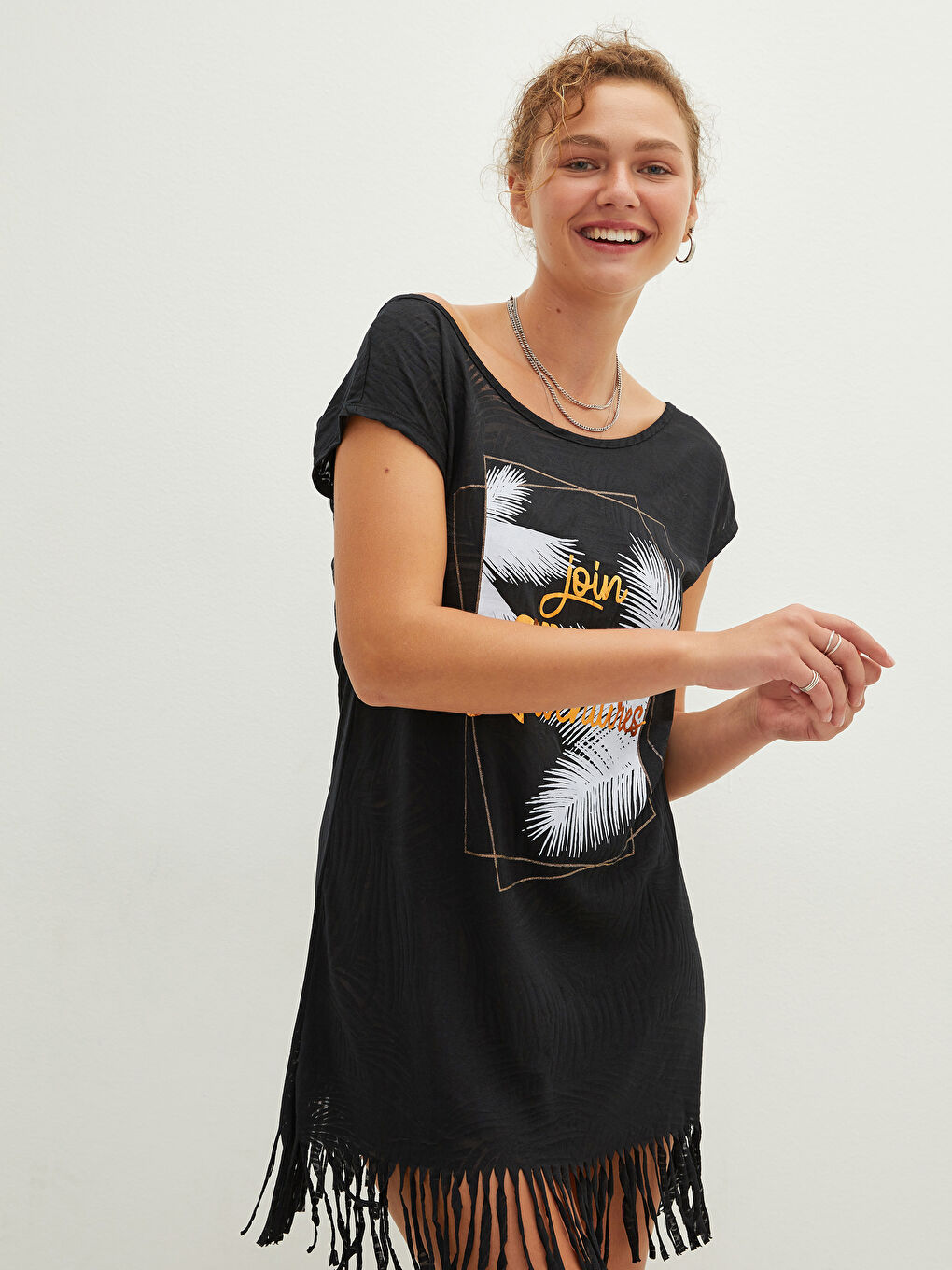 Siyah Kayık Yaka Kadın Plaj Elbisesi