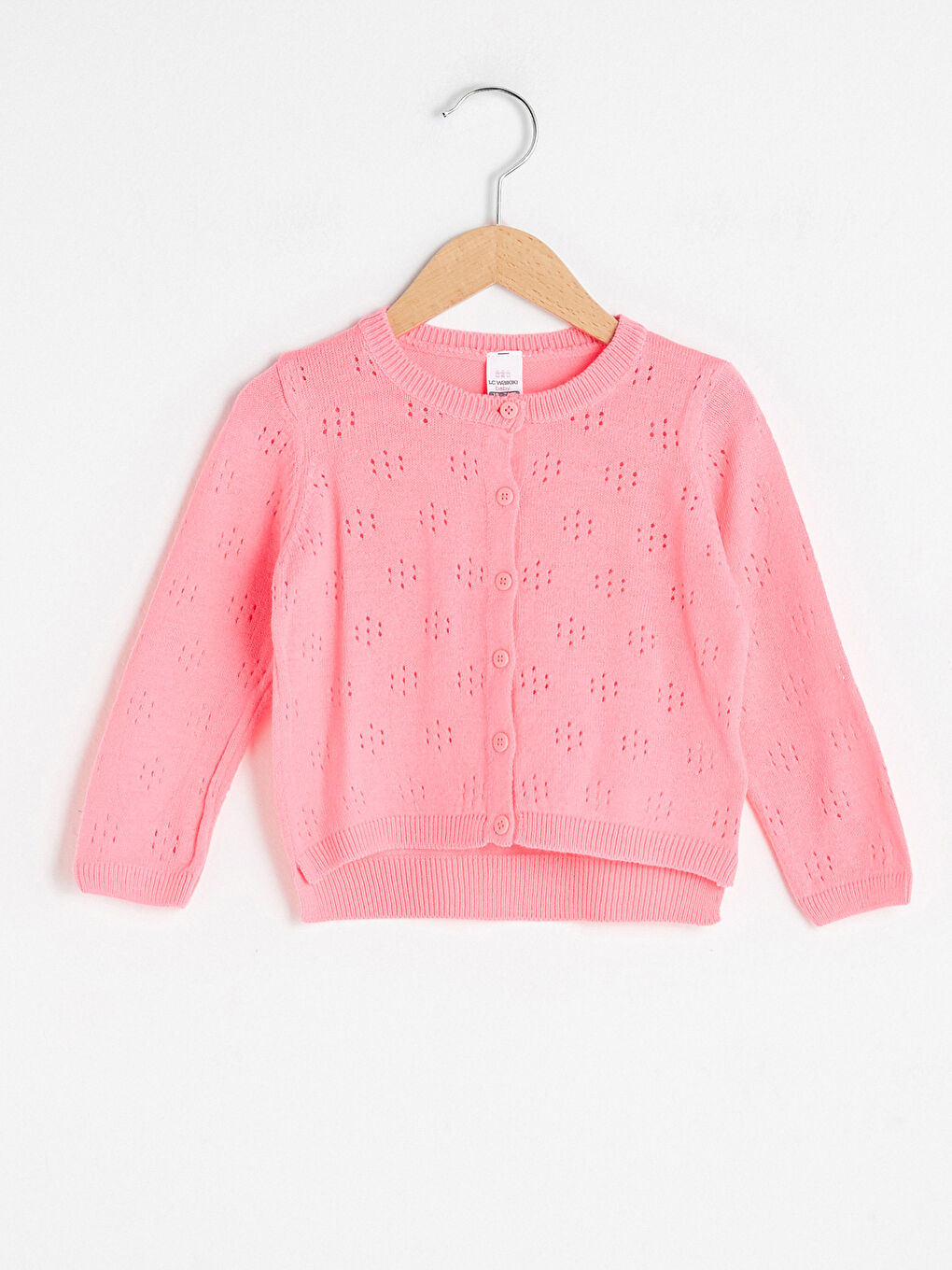 Pembe Bisiklet Yaka Uzun Kollu Kendinden Desenli Kız Bebek Triko Hırka