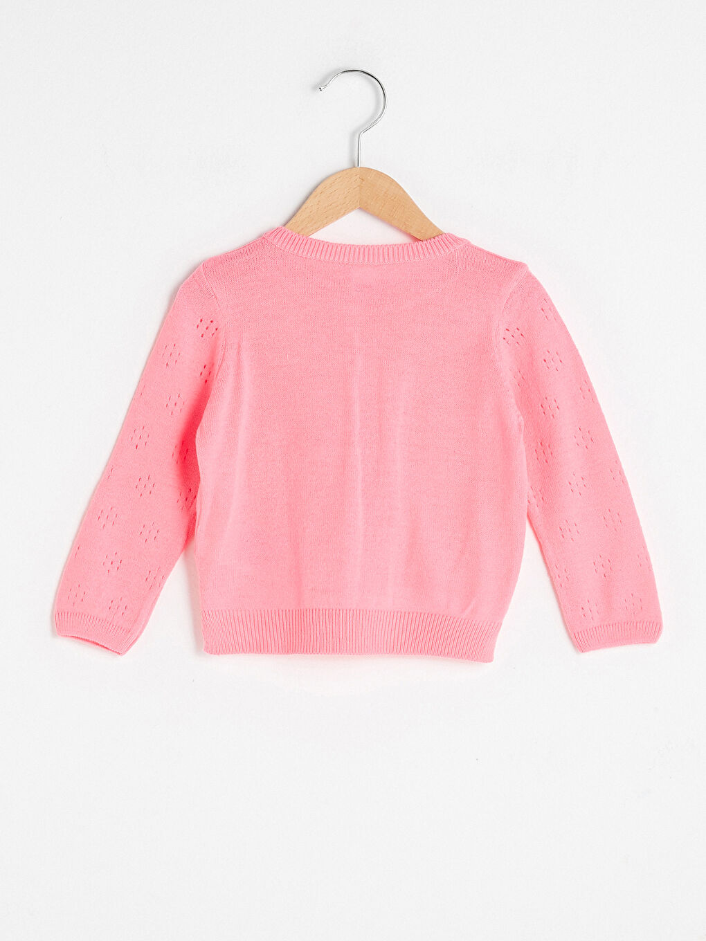 Pembe Bisiklet Yaka Uzun Kollu Kendinden Desenli Kız Bebek Triko Hırka-1