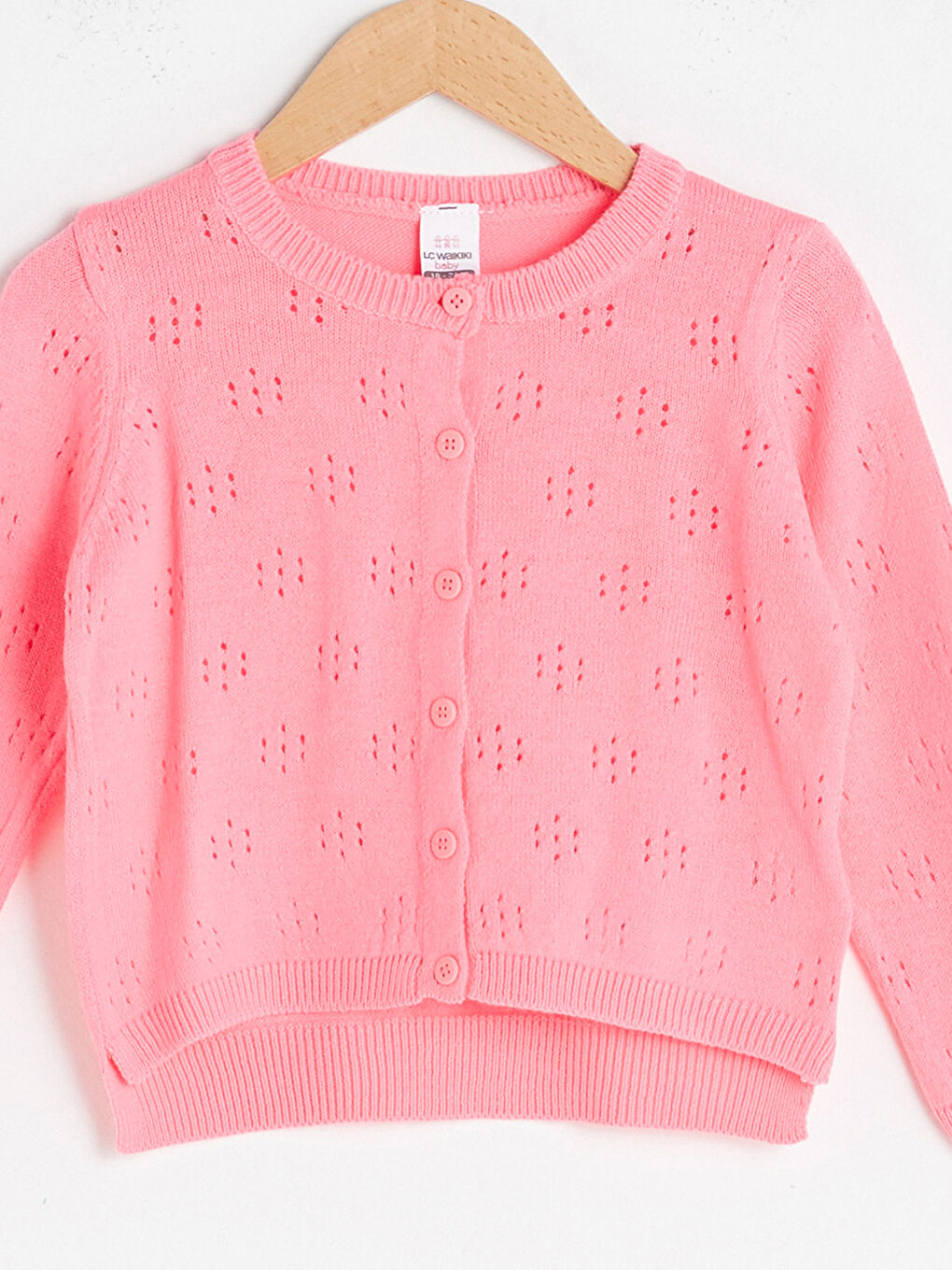 Pembe Bisiklet Yaka Uzun Kollu Kendinden Desenli Kız Bebek Triko Hırka-2