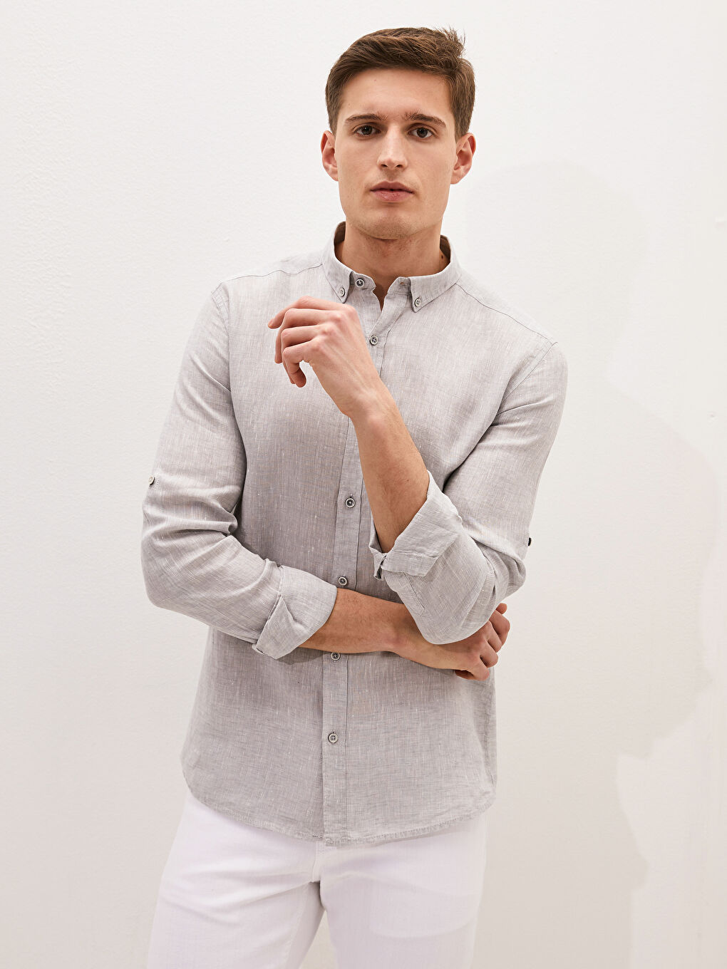 Gri Slim Fit Uzun Kollu Erkek Gömlek-1