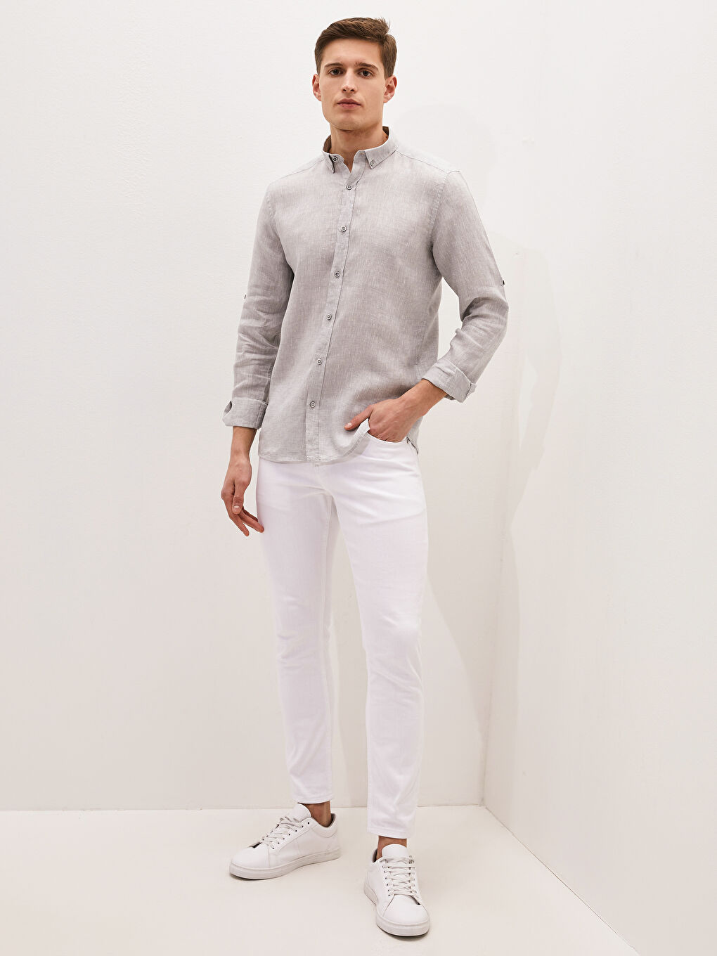 Gri Slim Fit Uzun Kollu Erkek Gömlek-2